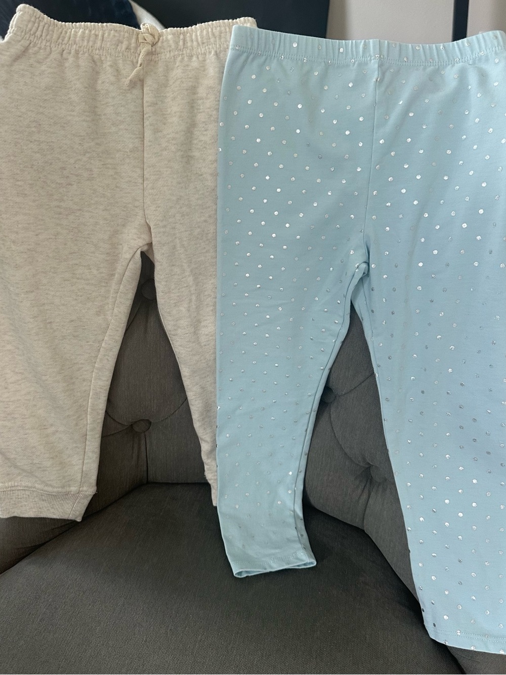 Little Girls Pants Set - Light Blue Polka Dot Leggings + Cream Joggers | NWOT